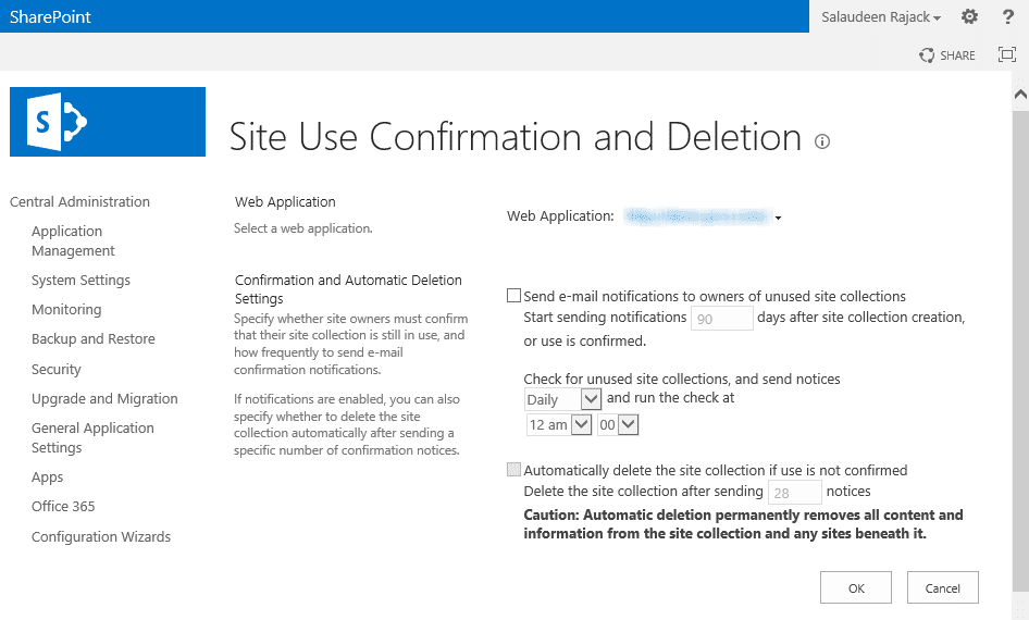 sharepoint 2013 site use confirmation and deletion
