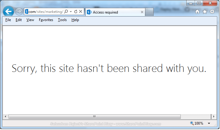sorry this site hasn't been shared with you in sharepoint 2013