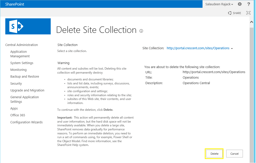 powershell script to delete a site collection