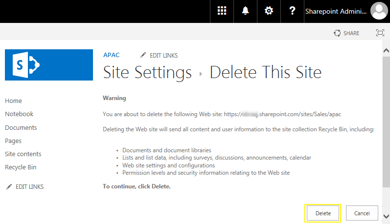 delete a subsite sharepoint online 