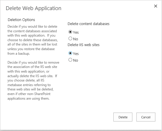 how to delete a sharepoint web application
