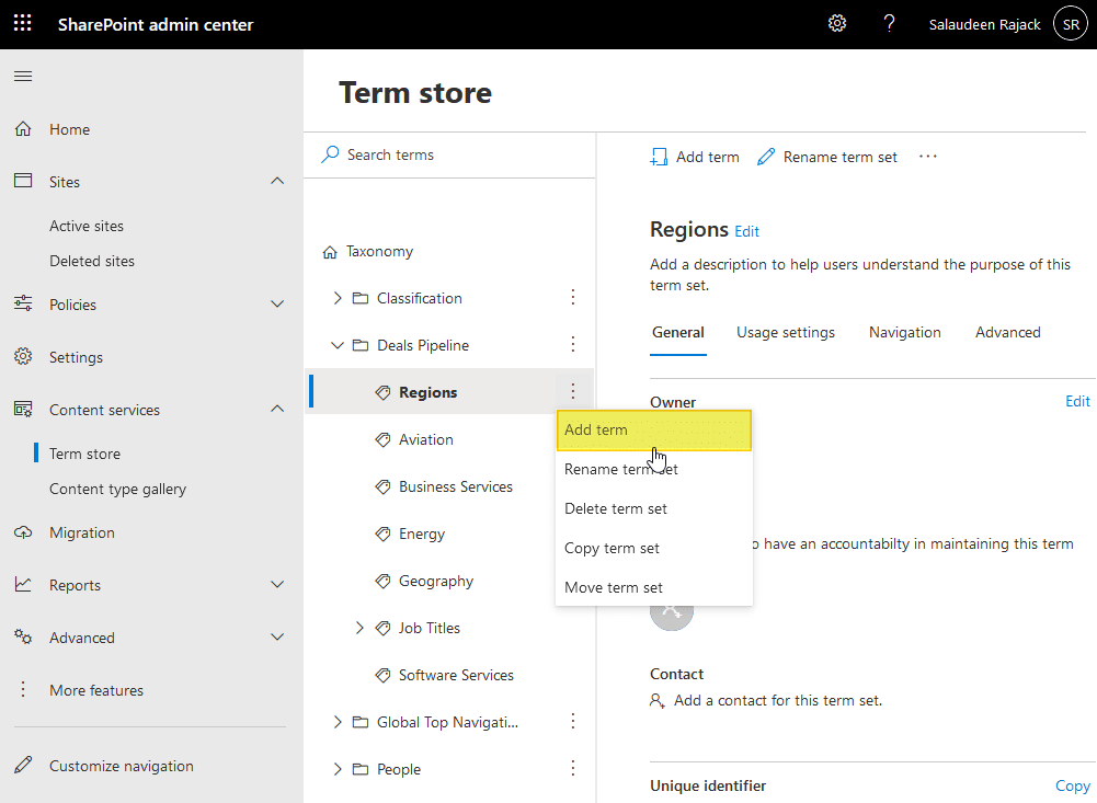 how to add a term in sharepoint online