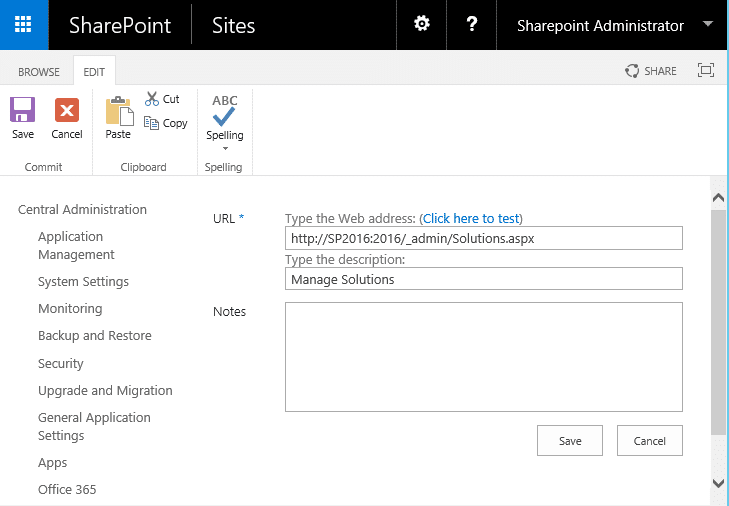 sharepoint 2013 add link to resources list in central admin