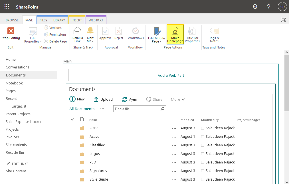 how to make document library a homepage in sharepoint online