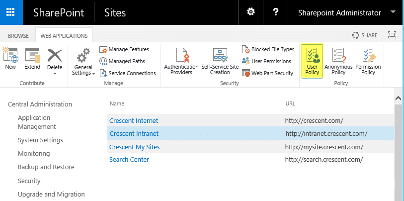 delete web application policy in sharepoint