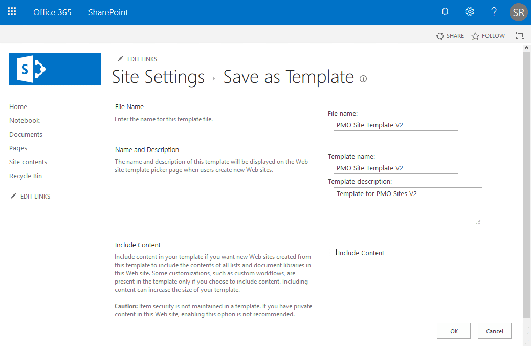 sharepoint online how to save site as template