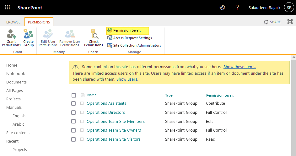 permission level in sharepoint online