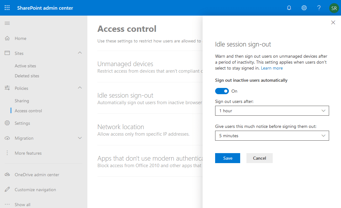 idle session sign out in sharepoint online