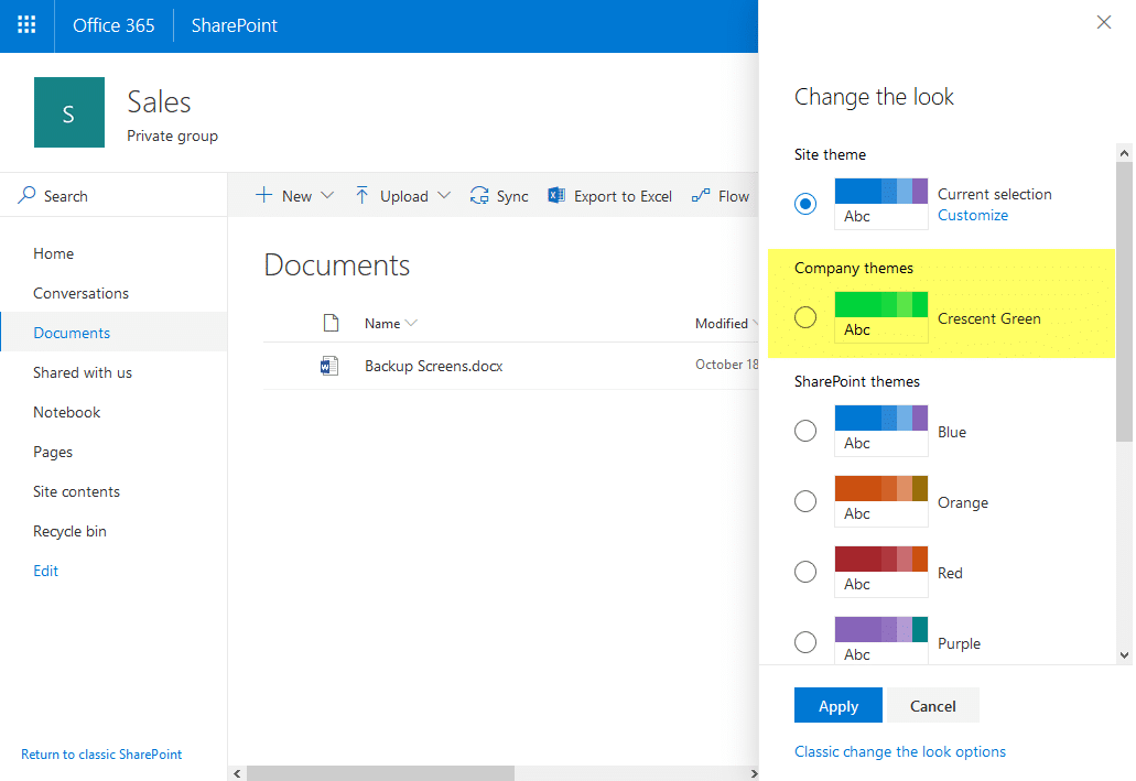 sharepoint online create new theme