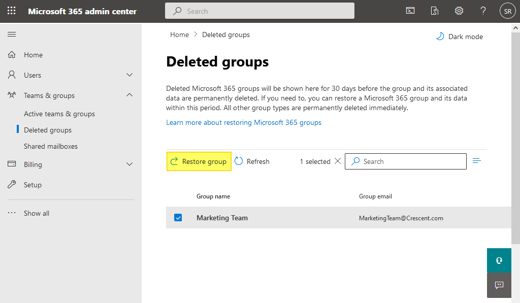restore deleted office 365 group