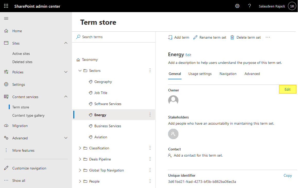 change term set owner in sharepoint online