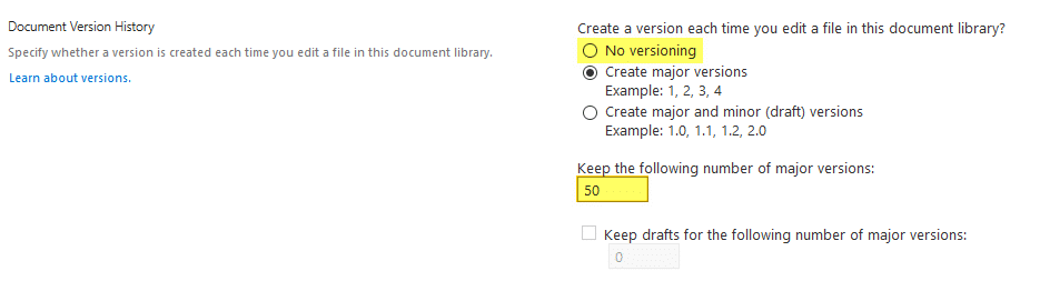 disable versioning in sharepoint online