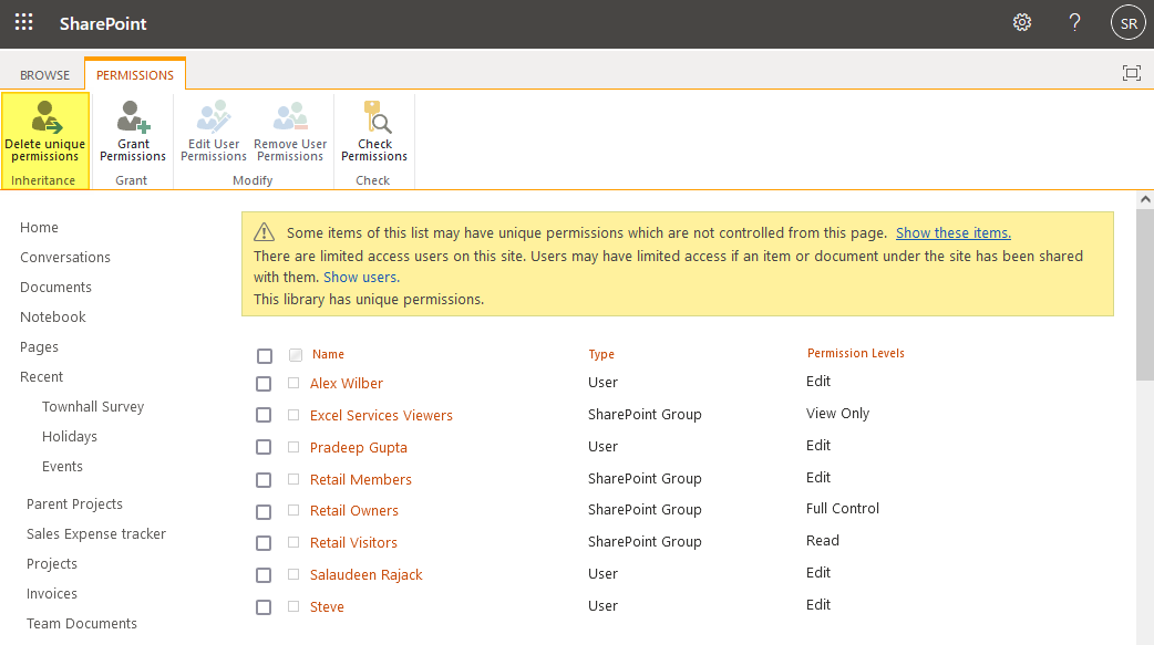 reset sharepoint permissions to default