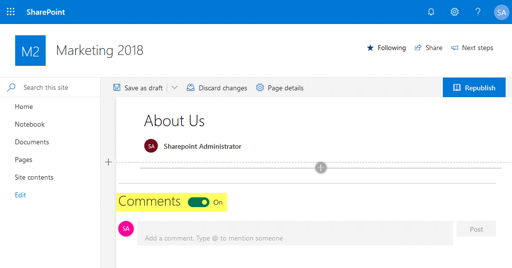 hide comments in sharepoint online modern page