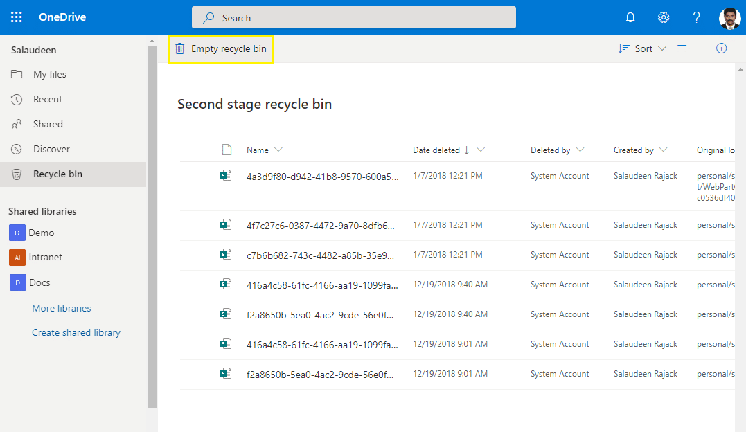 onedrive for business recycle bin powershell