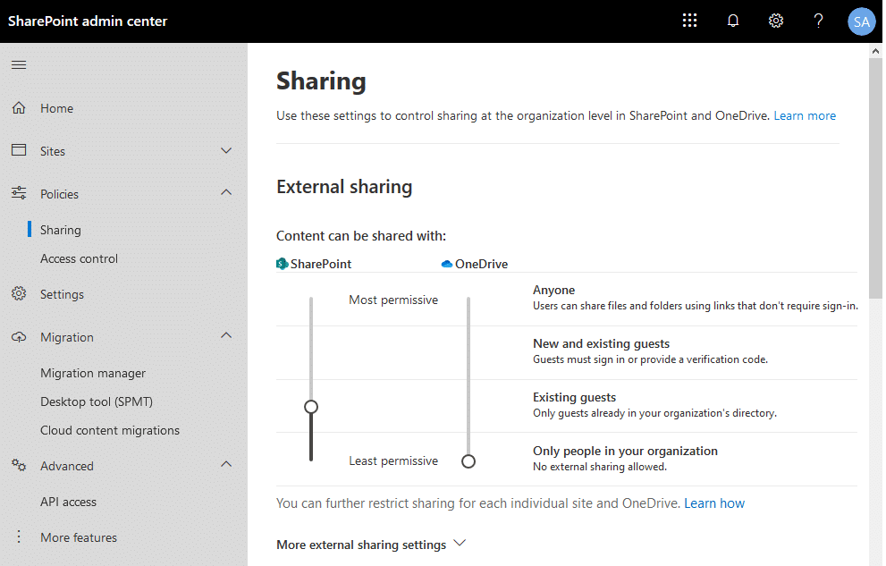 sharepoint online external sharing settings