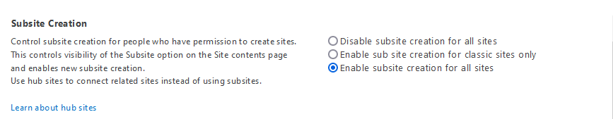 sharepoint online disable subsite creation