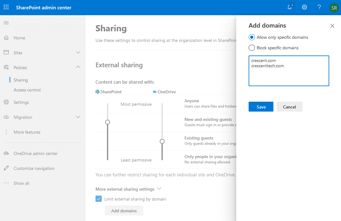 sharepoint online external sharing by domain