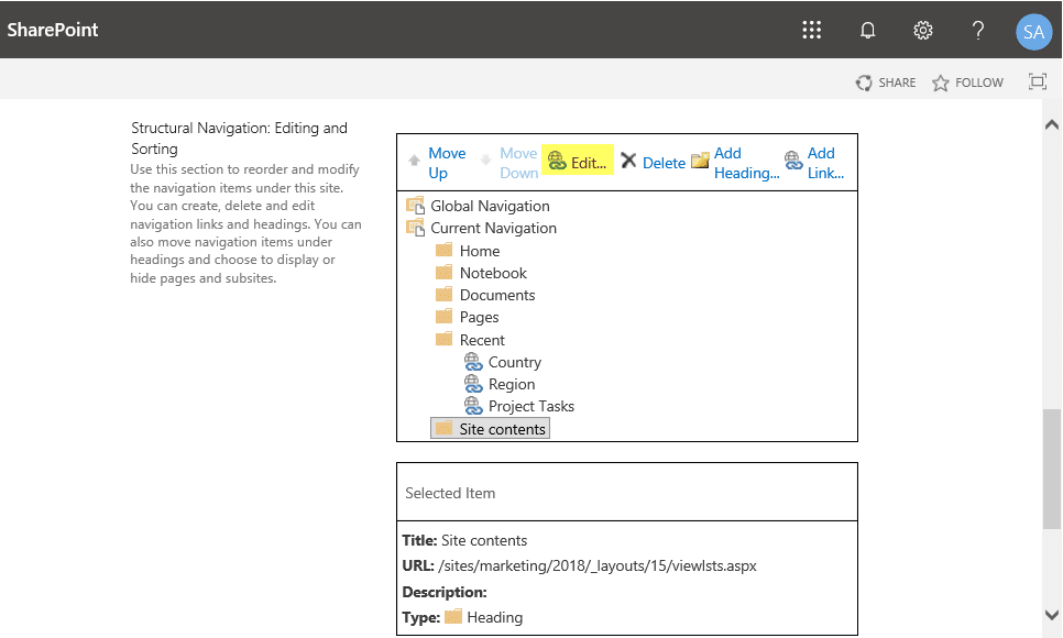 hide site contents in sharepoint online