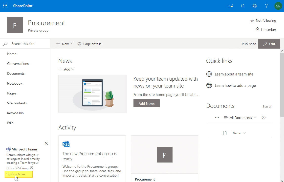 create team from SharePoint Online site