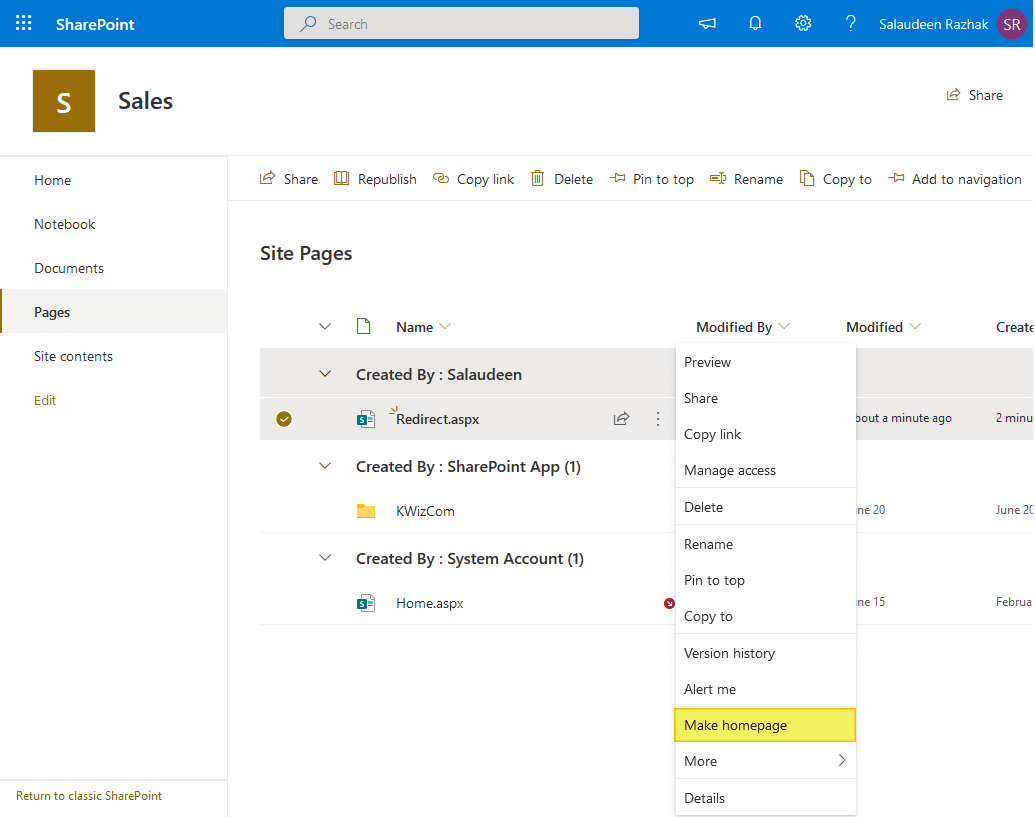 redirect sharepoint online page to different url