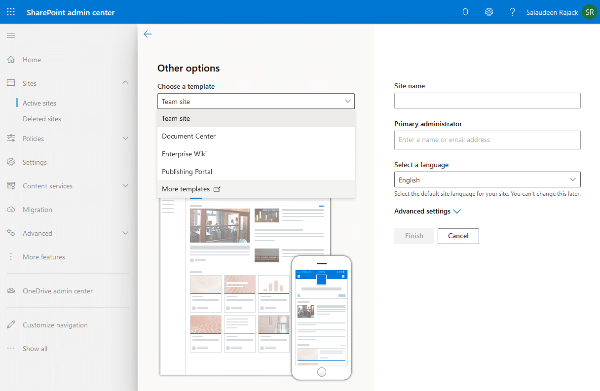 sharepoint online create classic team site