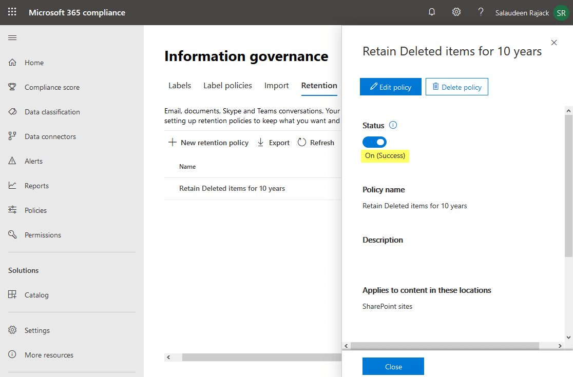 office 365 compliance policy status