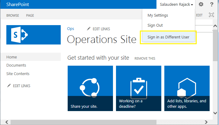 enable sign in as different user sharepoint 2013