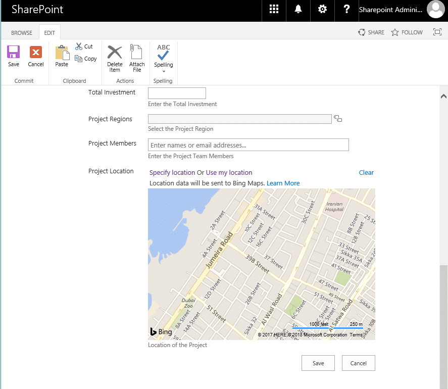 bing map geolocation field to sharepoint online list