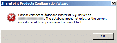 Cannot connect to database master at SQL server at SP16_SQL. The database might not exist, or the current user does not have permission to connect to it