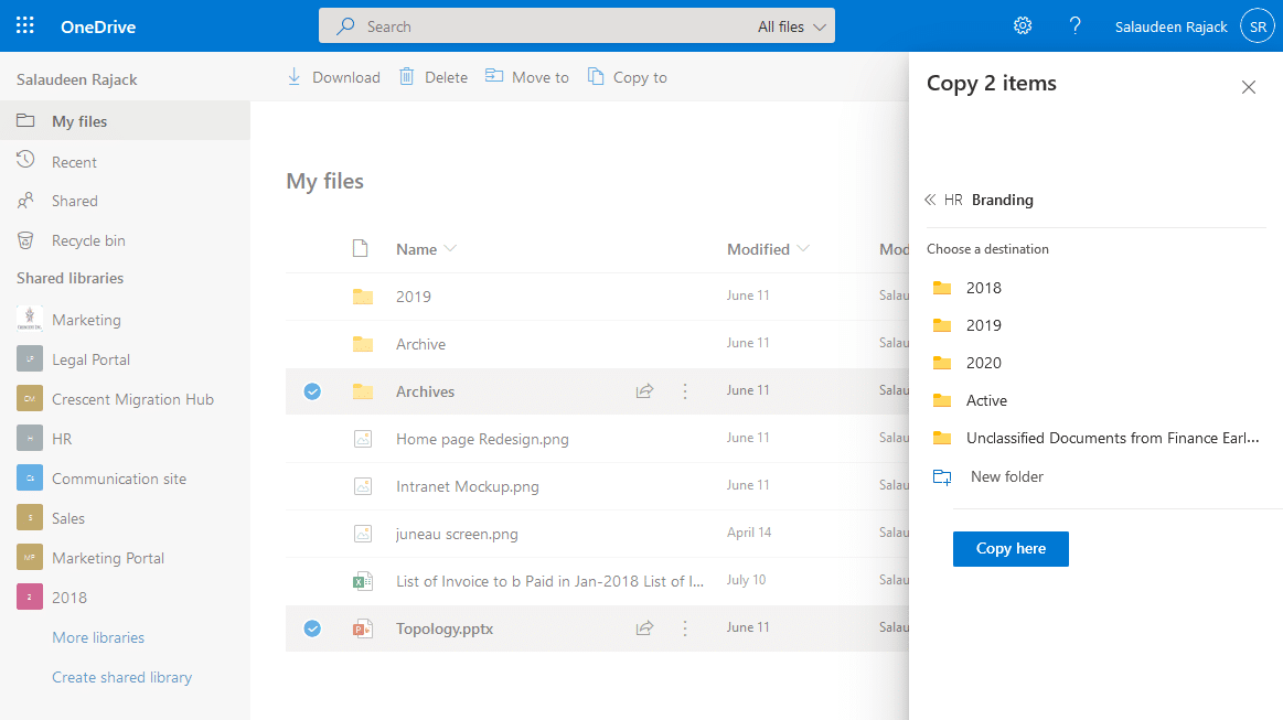 copy files folders from onedrive for business to sharepoint online document library