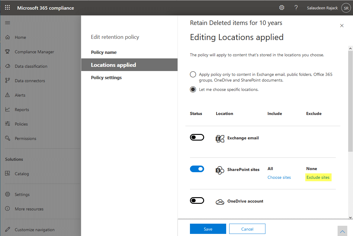 exclude sharepoint online site from retention policy