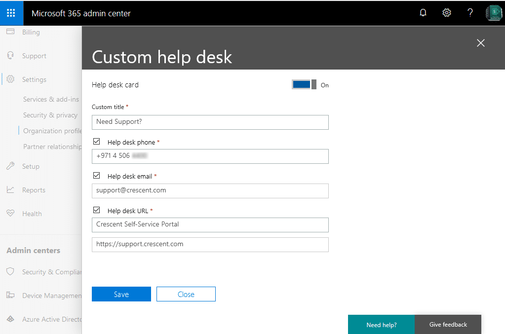 how to add helpdesk contact in sharepoint help pane