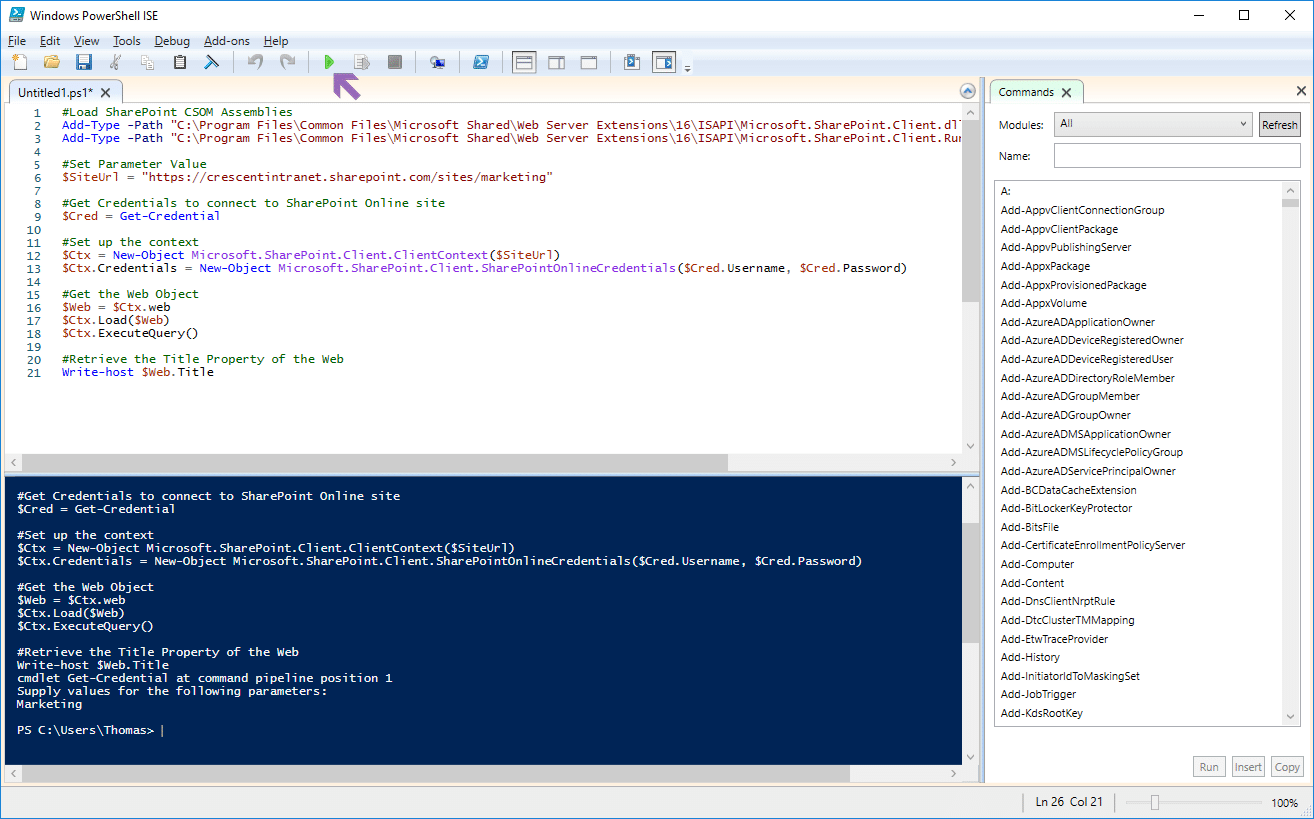 how to run a powershell script for sharepoint online