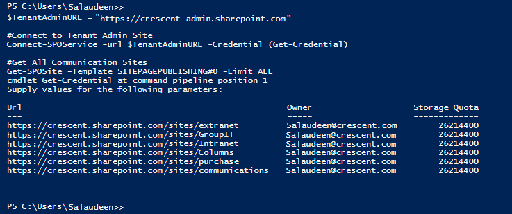 powershell to find all communication sites in sharepoint online