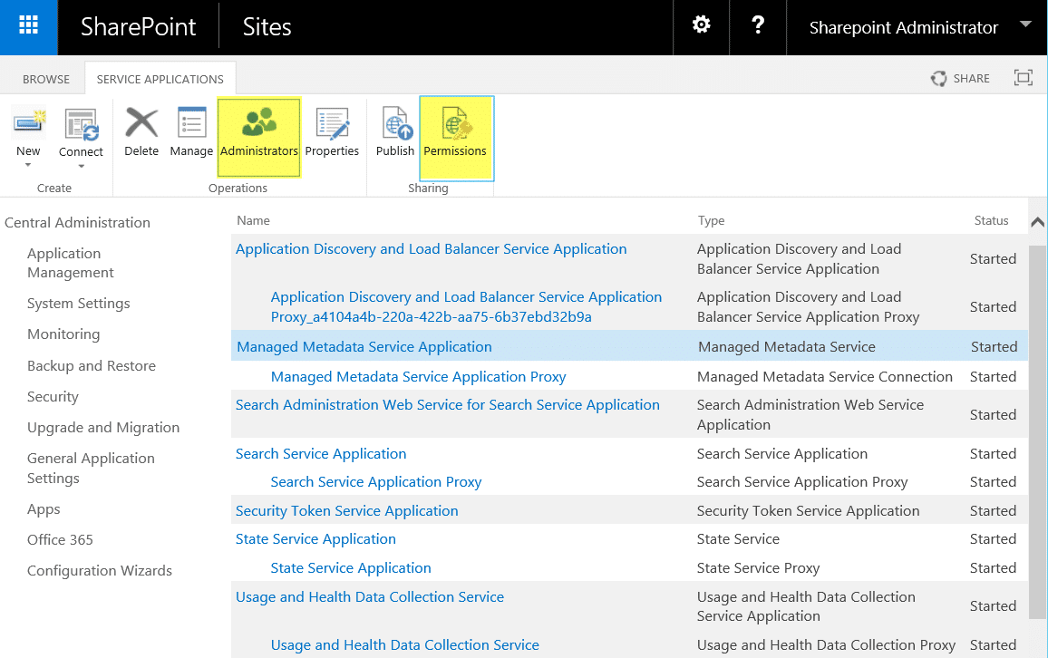 sharepoint 2016 service application add administrator grant permission