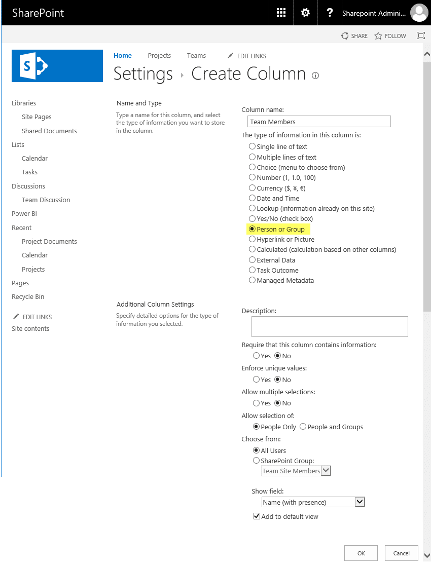 sharepoint online add person or group column to list using PowerShell