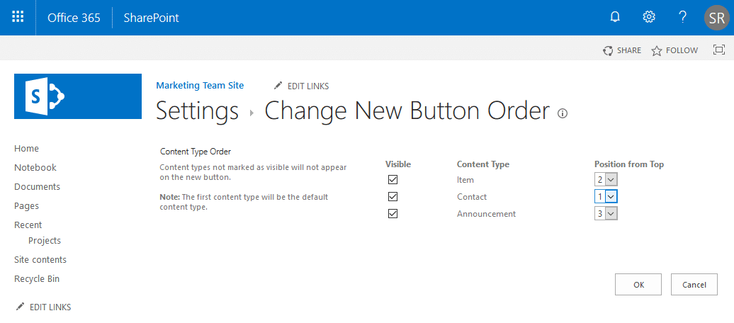 sharepoint online change content type order powershell