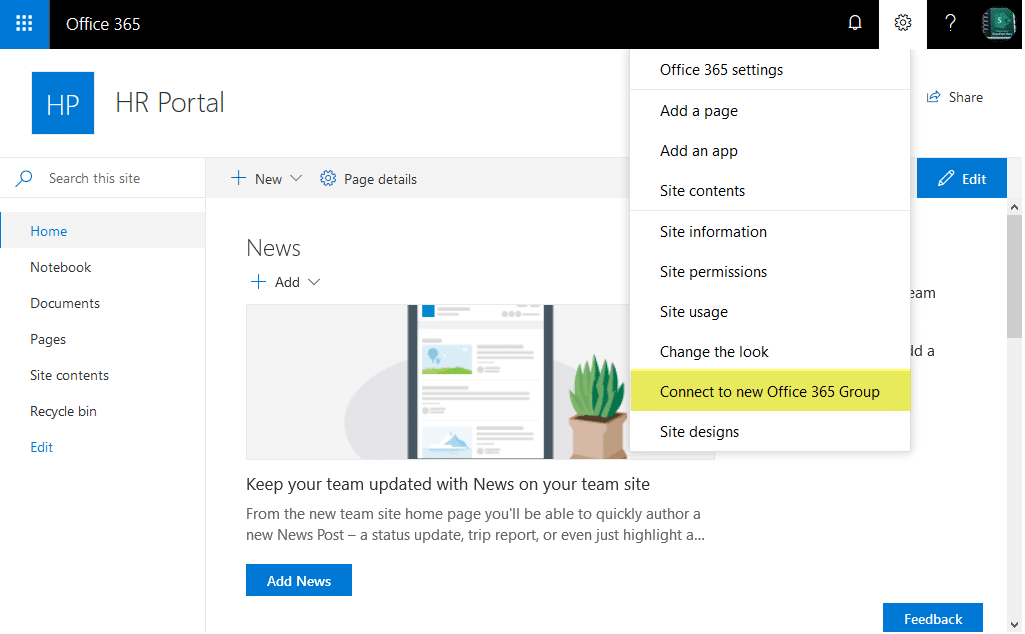 sharepoint online connect to new office 365 group