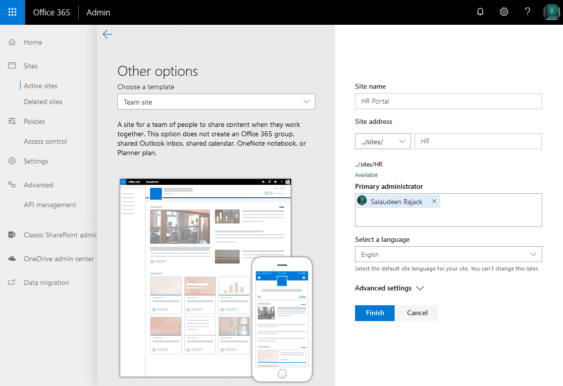 sharepoint online create modern team site without group