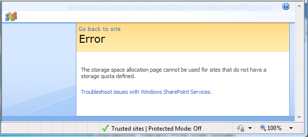 The storage space allocation page cannot be used for sites that do not have a storage quota defined