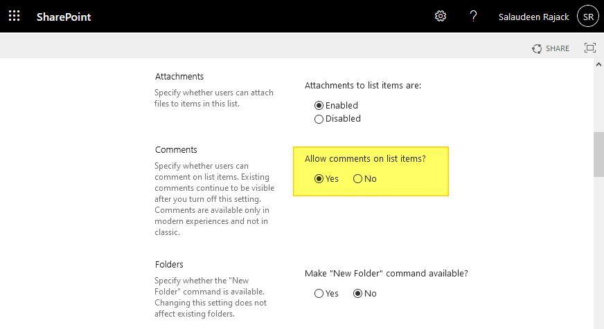 enable-disable comments in sharepoint online list