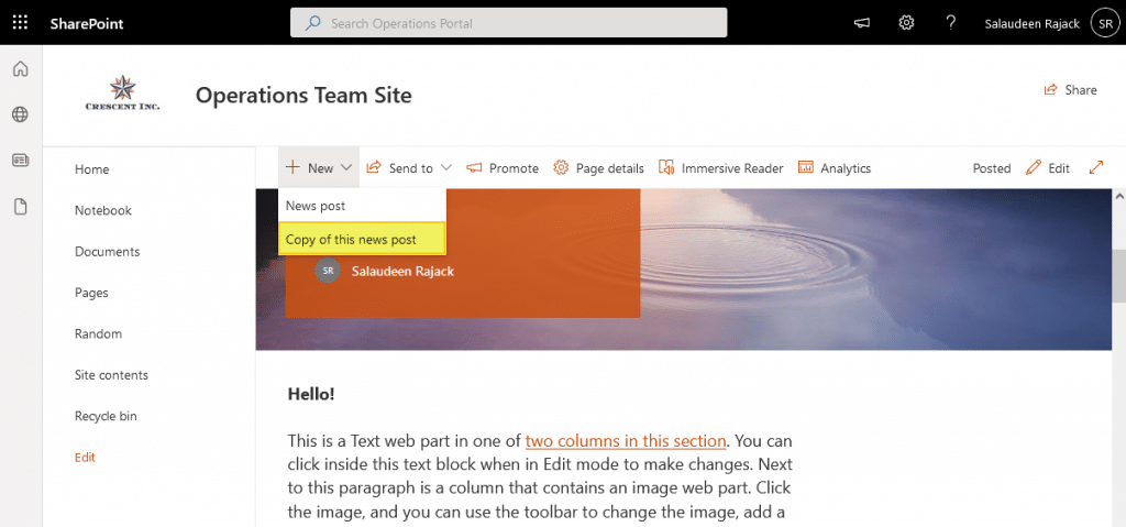 create a page from existing page in sharepoint online