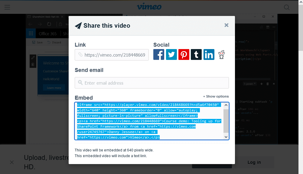 embed vimeo video in sharepoint online