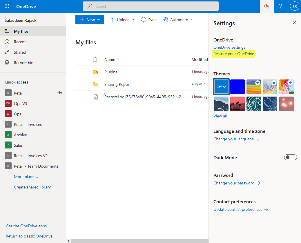 onedrive for business restore previous version