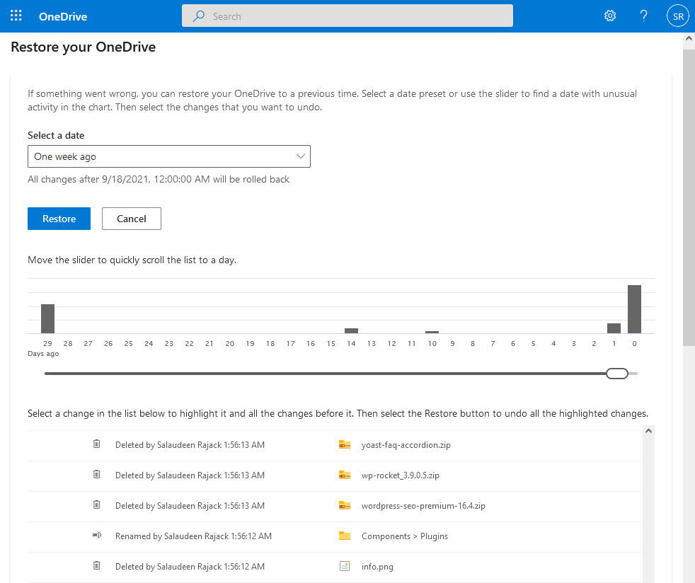 onedrive for business restore