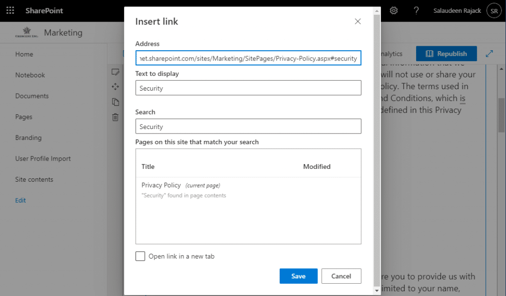 sharepoint online modern page anchor link