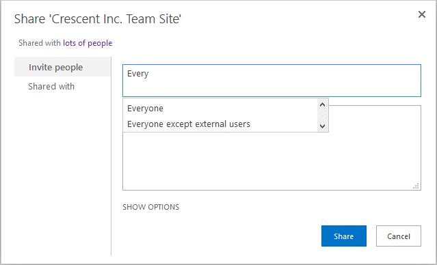 sharepoint online enable grant permission to everyone everyone except external users groups