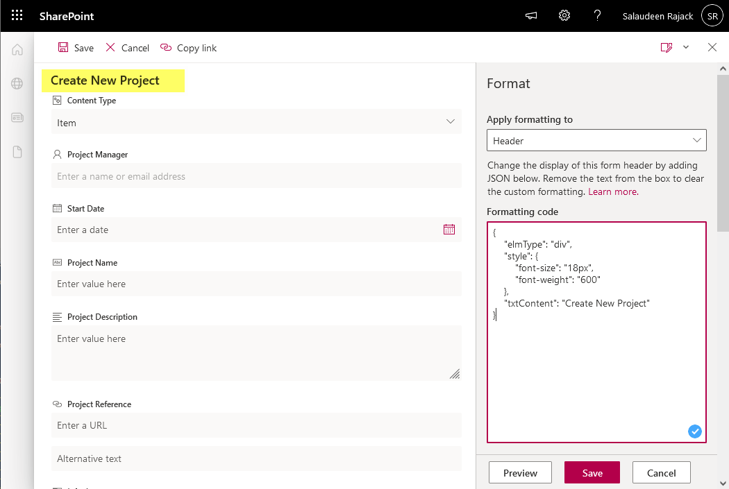 change new item text in sharepoint online list