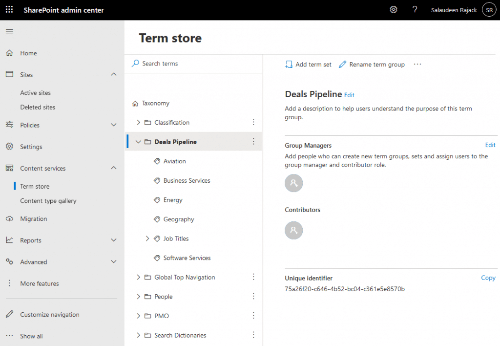 export term set in sharepoint online
